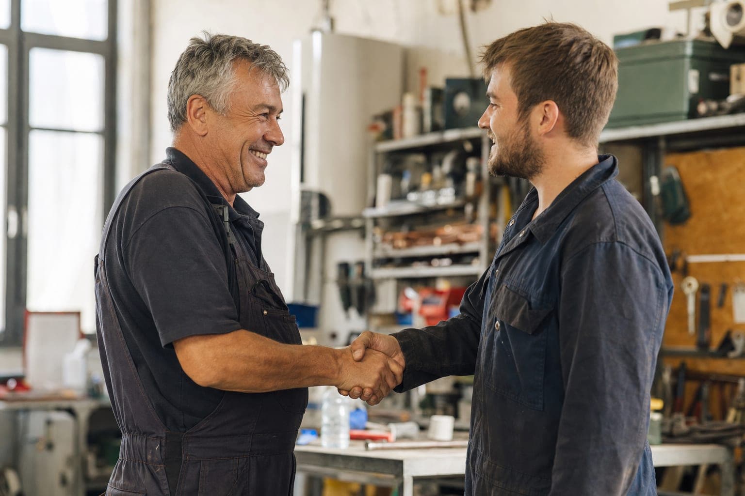 Handschlag zwischen zwei Handwerkern in der Werkstatt